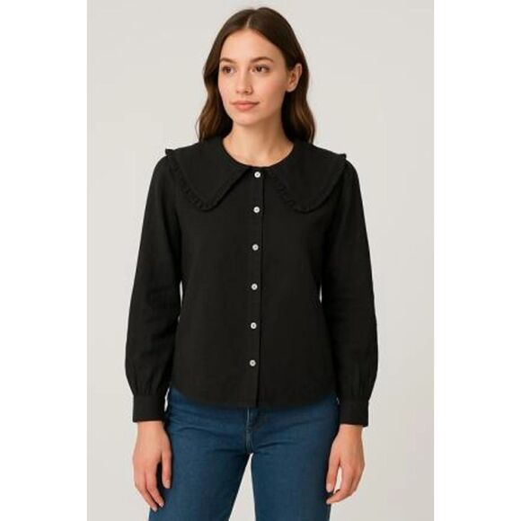 NWOT Goldie Lewinter Oversized Pilgrim Collar Button Down Long Sleeve T in Black - Picture 2 of 10